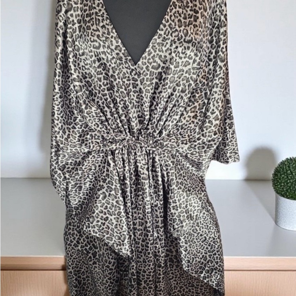 dennis basso Leopard Print V-Neck Cinched Waist Dress in Beige and Black